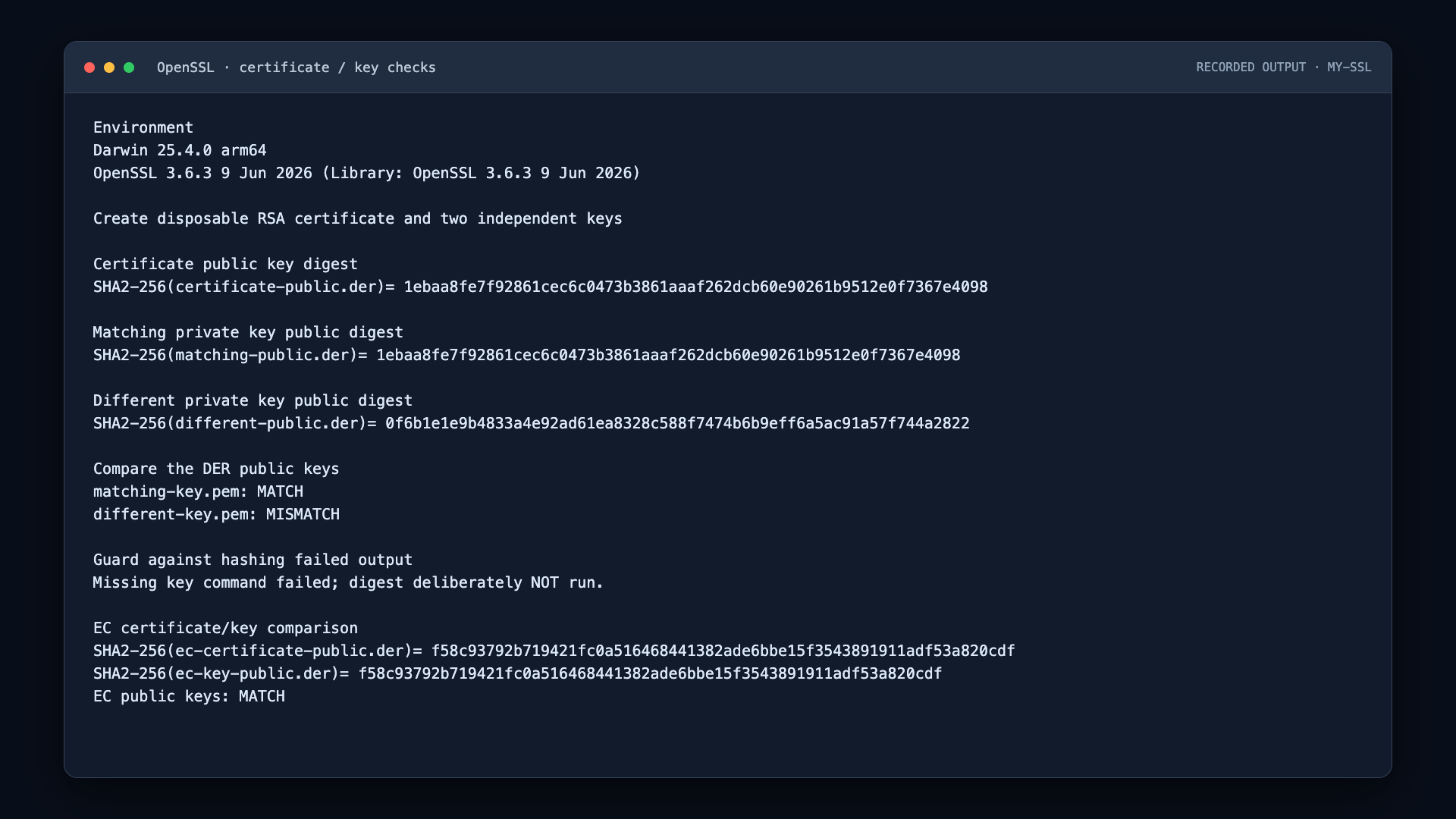 Recorded OpenSSL output shows matching certificate and RSA key digests, a different digest for a second key, and a matching P-256 pair.