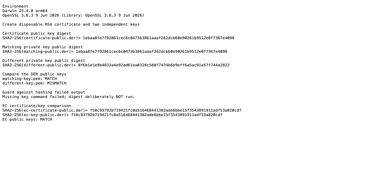 Recorded OpenSSL 3.6.3 output showing identical certificate and matching-key SHA-256 digests, a different digest for the second RSA key, and a matching EC pair.